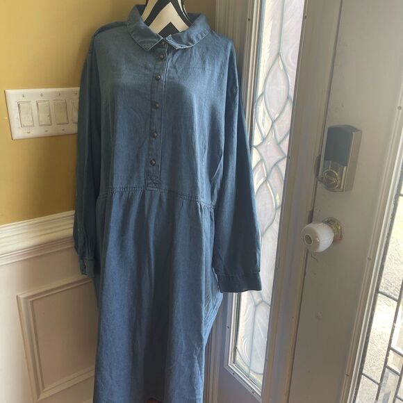 NWOT plus Size Woman within 100%Cotton Blue Denim  midi Dress long sleeves SZ38W - Picture 1 of 16